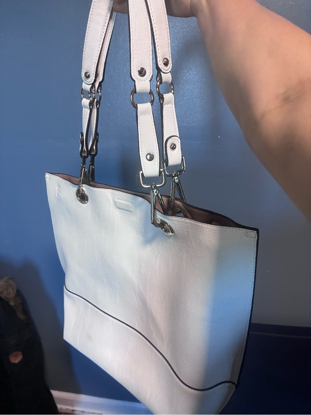 Calvin Klein Patchwork Logo Tote in Blue, White & Tan - Picture 3 of 4